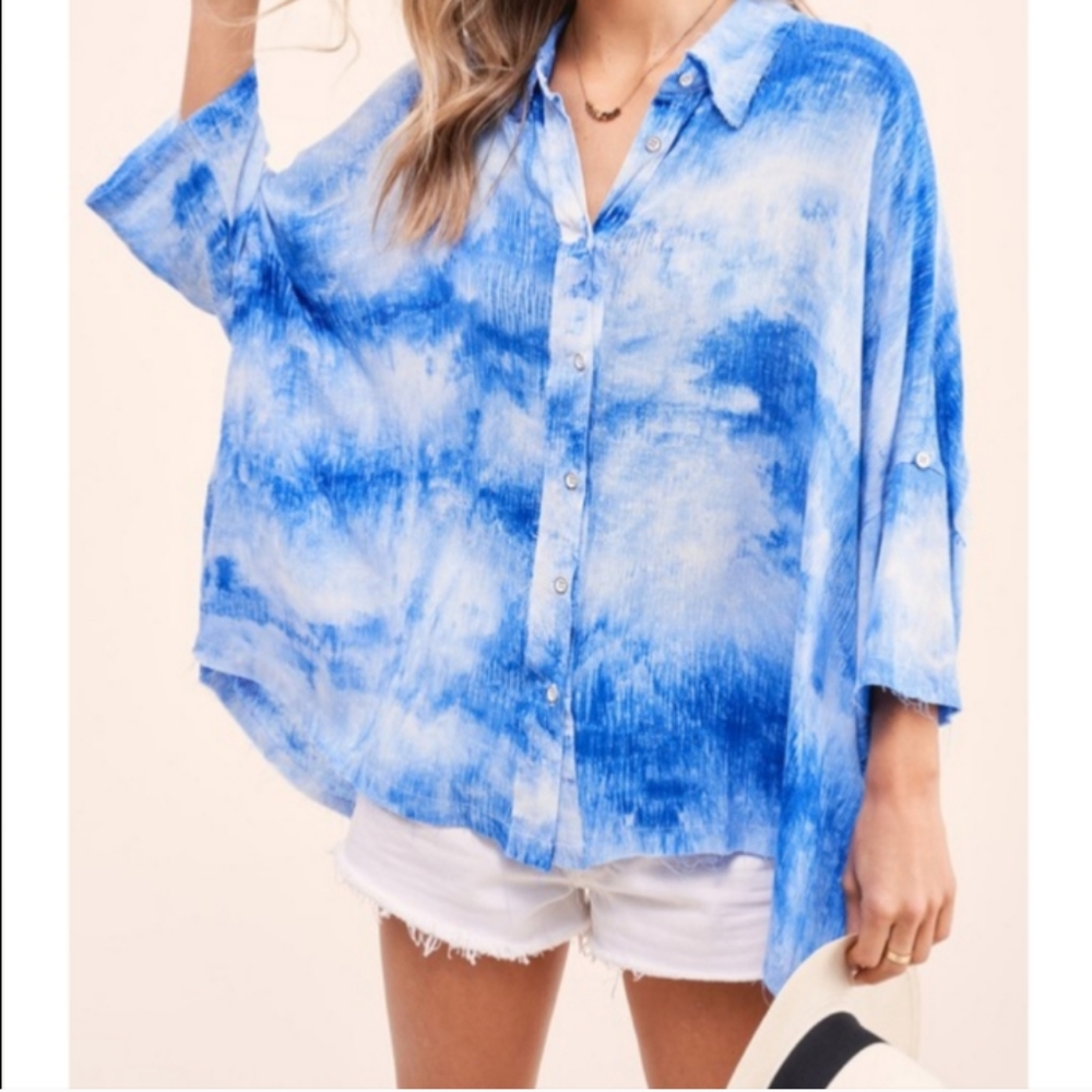 New! Oversized Tie Dye Button Down Top in OCEAN BLUE NWT New